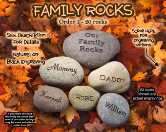 Family Rocks, Engraved Stones, Personalized Rocks, Natural Engraving