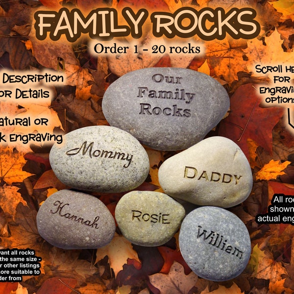 Family Rocks, Engraved Stones, Personalized Rocks, Natural Engraving