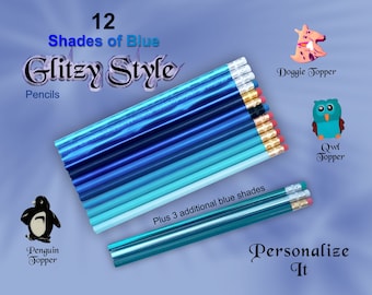 24  "Shades of Blue" Personalized Pencils w/Glitzy 