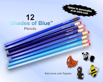 Shades of Blue Pencils,  Back to School Supplies, Personalized Pencils, Set of 12