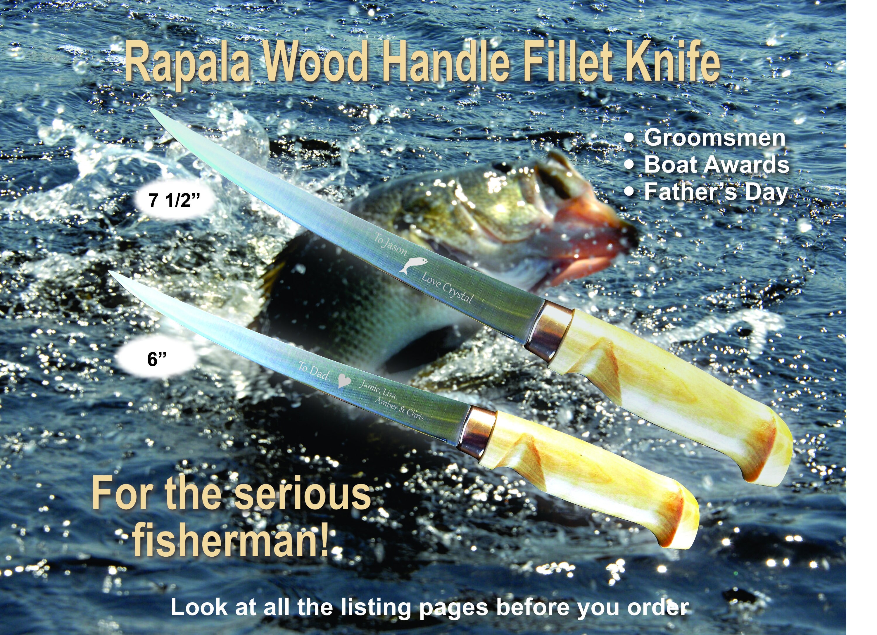 Rapala Fillet Knife, Wood Handle, Birch Handle, Personalized Knife