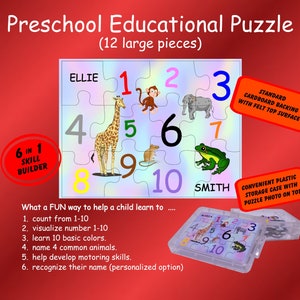 May include: A colorful 12-piece puzzle for preschoolers featuring numbers 1-10, animals, and a child's name. The puzzle is made of cardboard with a felt top surface and comes with a plastic storage case. The puzzle is designed to help children learn to count, recognize colors, and name animals.