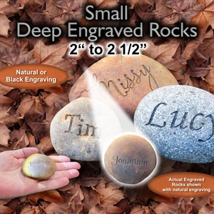 May include: Close-up of five engraved rocks with names "Jonathan", "Tin", "Nissy", "Jonathan", and "Lucy". The rocks are 2 to 2 1/2 inches in size and have a natural or black engraving. The rocks are on a bed of brown leaves.