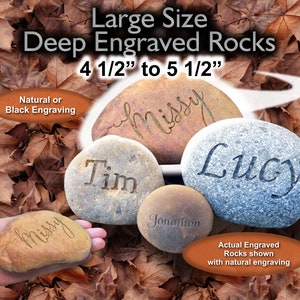 May include: Five natural river rocks with deep engraved names, "Missy", "Tim", "Lucy", "Missy", and "Jonathan". The rocks are 4 1/2 to 5 1/2 inches in size.  The engraving is natural.