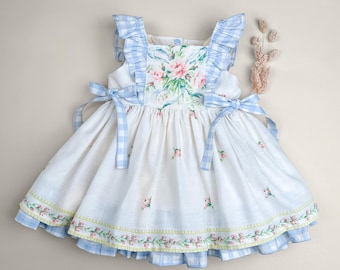 Blue Floral Ruffle Pinafore Dress for Toddlers | Upcycled Vintage Cotton | Cottagecore Flower Girl Dress
