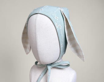 Daisy Print Baby Bonnet with Bunny or Bear Ears | Handmade Vintage Cotton Hat