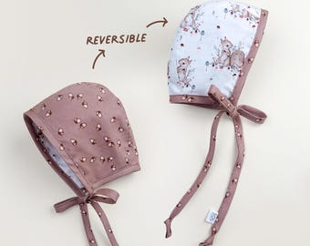 Reversible Acorn and Squirrel Baby Bonnet | Handmade Cotton Sun Hat