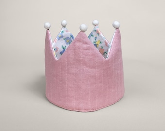 Pink Quilted Linen Birthday Crown | Reversible Upcycled Floral Crown for Kids & Toddlers