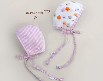 Reversible Baby Bonnet – Lilac Stripe & Wildflower | Handmade Organic Cotton Sun Hat