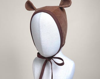 Corduroy Baby Bonnet with Bunny or Bear Ears | Handmade Fall & Winter Baby Hat