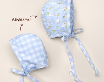Reversible Gingham & Duckling Bonnet | Handmade Organic Cotton Sun Hat