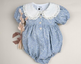 Blue Floral Romper with Eyelet Lace Collar | Vintage-Inspired Baby Romper, Heirloom Style Outfit