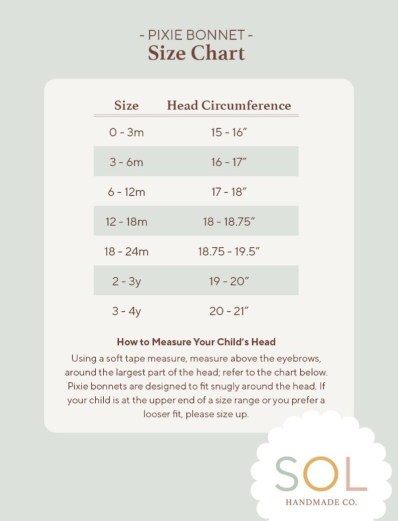 The chart lists sizes and corresponding head circumferences: 0–3 months (15–16"), 3–6 months (16–17"), 6–12 months (17–18"), 12–18 months (18–18.75"), 18–24 months (18.75–19.5"), 2–3 years (19–20"), and 3–4 years (20–21"). A note below explains how to measure a child’s head and mentions that pixie bonnets are designed to fit snugly, recommending sizing up for a looser fit or if a child is at the upper end of a range. The SOL Handmade Co. logo appears in the bottom corner.