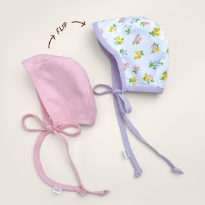 Reversible Floral Linen Baby Bonnet  | Handmade Linen Sun Hat for Baby Girl, Vintage Baby Hat, Newborn Photoshoot Outfit, Baby Show Gift