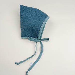 Juniper boiled wool pixie bonnet with matching cotton trim, handmade baby winter bonnet.