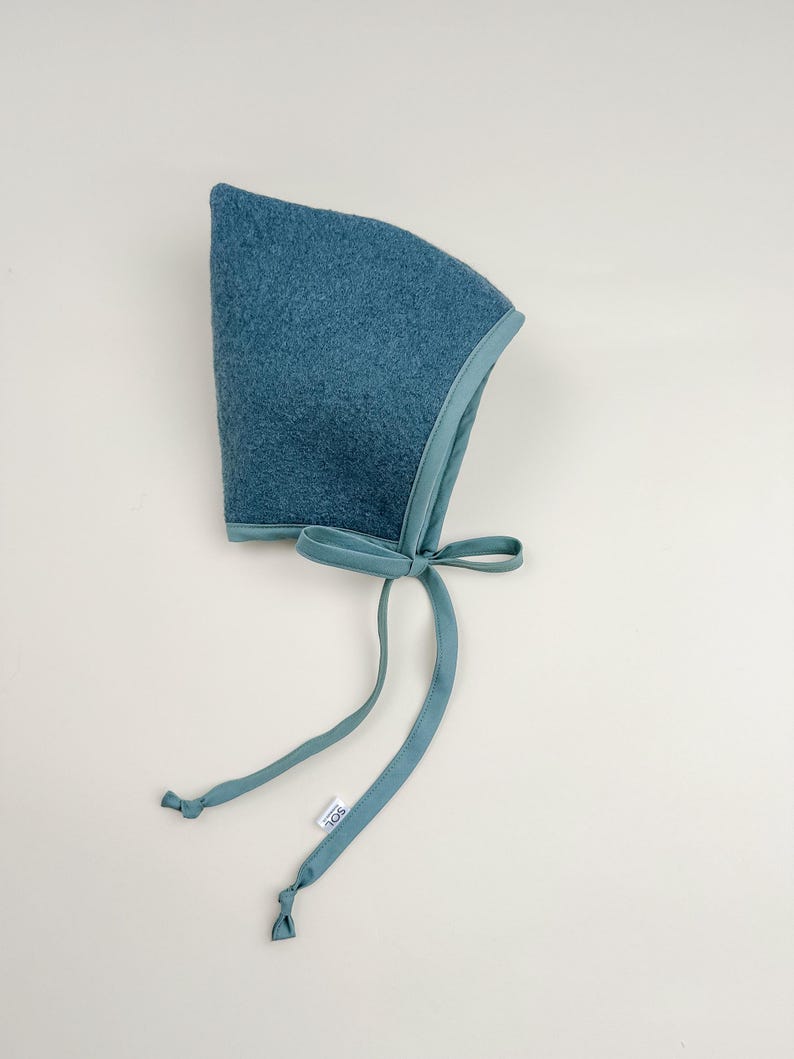Juniper boiled wool pixie bonnet with matching cotton trim, handmade baby winter bonnet.