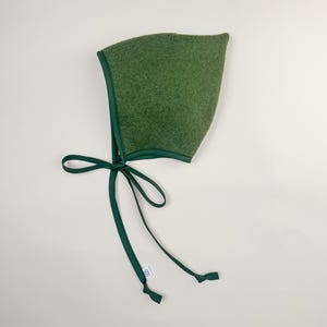 Boiled Wool Pixie Baby Bonnet in colour Olive