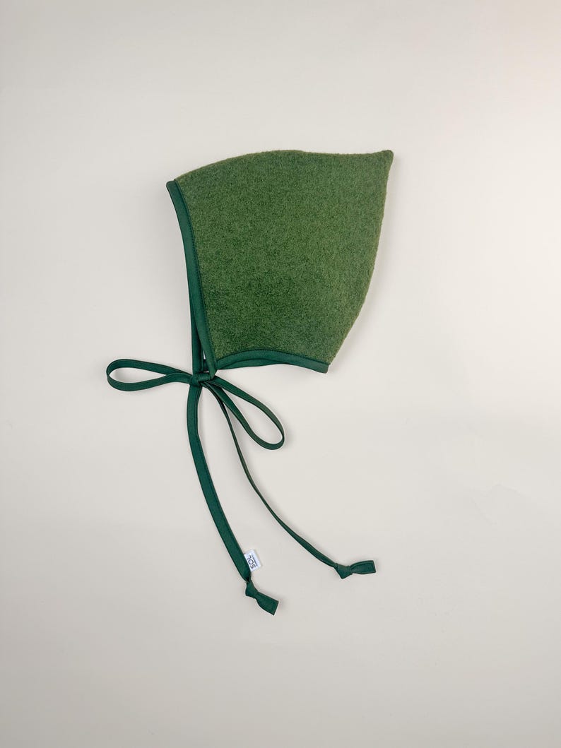 Boiled Wool Pixie Baby Bonnet in colour Olive