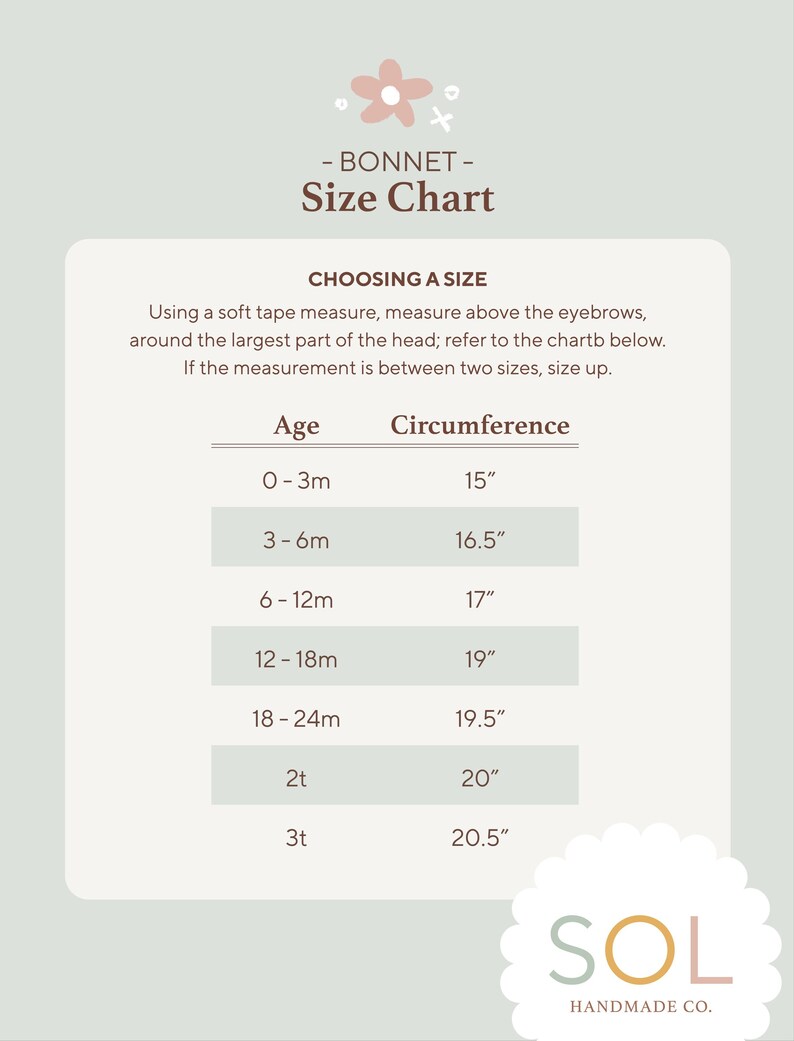 Size chart
0 - 3m - 15"
3 - 6m - 16.5"
6 - 12m - 17"
12 - 18m - 19"
18 - 24m - 19.5"
2t - 20"
3t - 20.5"