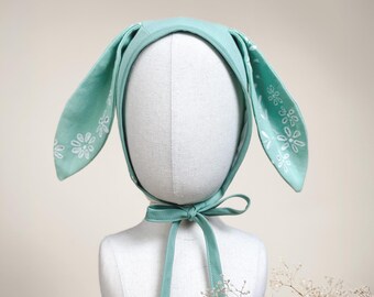 Easter Bunny Bonnet | Hand-Embroidered Upcycled Linen Baby Hat | One of a Kind
