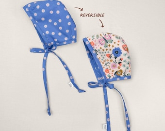 Reversible Blue Daisy and Butterfly Bonnet | Handmade Organic Cotton Sun Hat