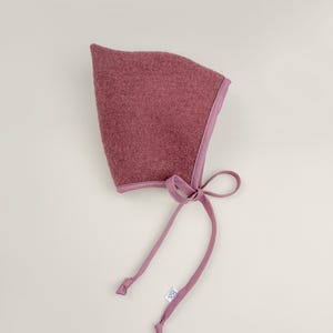 Rosewood boiled wool pixie bonnet with mauve cotton trim and ties, handmade baby winter hat.