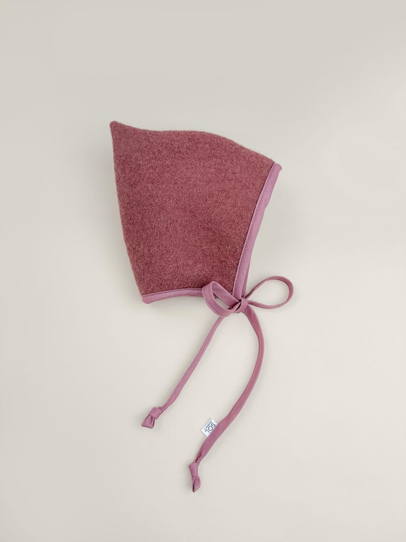 Rosewood boiled wool pixie bonnet with mauve cotton trim and ties, handmade baby winter hat.