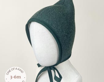 One-of-a-Kind Wool Pixie Bonnet – Forest Green (3-6m) – Organic Cotton Flannel Lined Baby Hat
