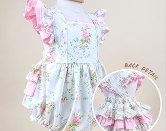 Handmade Ruffle Bum Romper | Vintage Floral Birthday Outfit for Baby and Toddler