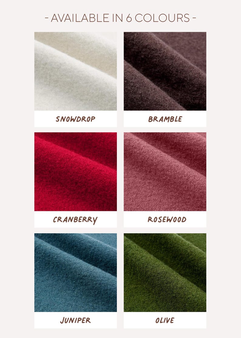 May include: A grid of six fabric swatches labeled AVAILABLE IN 6 COLOURS, featuring colors Snowdrop, Bramble, Cranberry, Rosewood, Juniper, and Olive. Each swatch displays a textured, folded material in distinct shades of white, dark brown, red, dusty rose, blue, and green.
