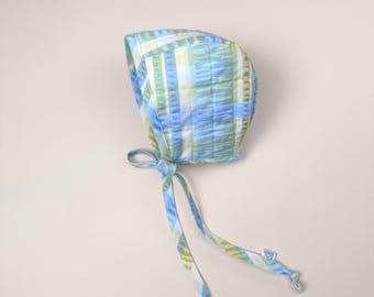 Quilted Vintage Baby Bonnet | Blue & Green Plaid Handmade Toddler Hat
