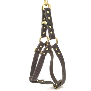Grey Dog & Puppy Harness in Cotton With Luxury Brass Hardware, Step-in Dog Harness, Studded Dog Harness, Soft Natural Cotton Dog Harness UK