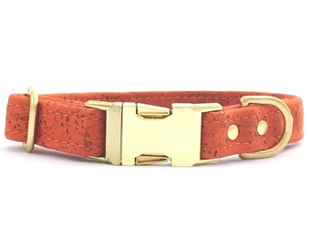 Orange Dog Collar in Vegan Cork Leather and Luxury Brass, Burnt Orange Dog & Puppy Collar, Unique Dog Collar, Eco Friendly Soft Dog Collar