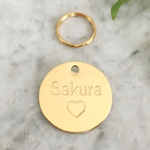 Heart Dog Tag in Luxury Solid Brass With Personalised Engraving, Round Custom ID Tag UK, Gold Dog & Puppy Collar Name Tag, Cute Dog Tag Gift