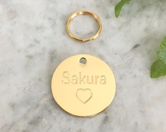 Heart Dog ID Tag in Luxury Solid Brass With Personalised Engraving, Round Custom Tag UK, Gold Dog & Puppy Collar Name Tag, Cute Dog Tag Gift