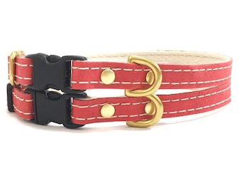 Red Dog Collar in Vegan Leather, Soft Cotton and Luxury Brass, Small Lightweight Puppy, Chihuahua, Terrier, Miniature Dachshund Collar UK