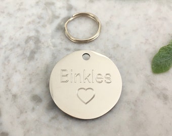 Heart Dog Tag in Silver Stainless Steel With Personalised Engraving, Heart Puppy ID Tag, Cute Dog Collar Name Tag, Pretty Heart Dog Tag UK