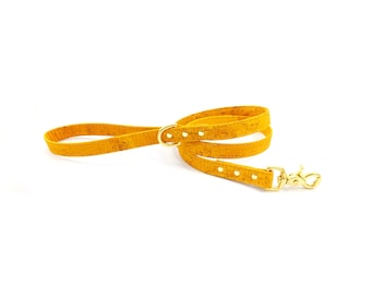 Yellow Dog Lead in Vegan Cork Leather and Luxury Brass, Mustard Yellow Dog & Puppy Lead, Eco Friendly Dog Lead, Unique Funky Dog Leash UK