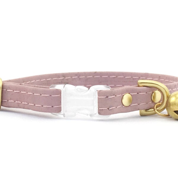 Pink Breakaway Safety Cat Collar With Bell, Luxury Light Pink Vegan Cork Leather Cat Collar, Cute Girl Cat Collar, Pretty Female Cat Collar