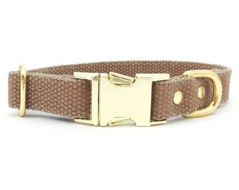 Tan Brown Dog & Puppy Collar in Natural Cotton and Luxury Brass, Vegan Webbing Dog Collar, Neutral Dog Collar, Made in the UK