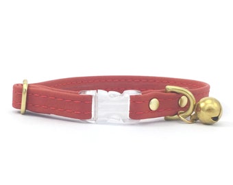 Red Cat Collar in Vegan Silicone Leather With Breakaway Safety Buckle & Luxury Brass Bell, Waterproof, Soft and Comfortable Cat Collar UK