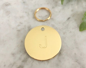 Dog ID Tag with Initial Design in Luxury Solid Brass, Personalised Engraving, Custom Puppy Tag, Gold Dog Collar Name Tag, Pet ID Tag UK