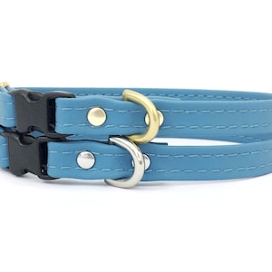 Small Blue Dog Collar in Vegan Silicone Leather and Luxury Brass, Light Blue Puppy Collar, Tiny Chihuahua and Miniature Dachshund Collar UK