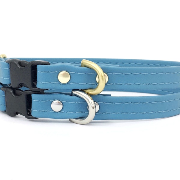 Blue Miniature Dog & Puppy Collar in Vegan Silicone Leather and Luxury Brass, Light Blue Tiny Chihuahua and Miniature Dachshund Collar UK