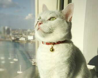 Collier pour chat rouge en cuir de silicone végétalien avec boucle de sécurité et grelot de luxe en laiton, collier de chat imperméable, doux et confortable
