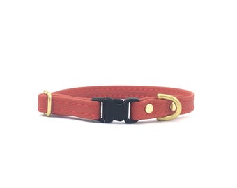 Red Dog Collar in Vegan Silicone Leather & Brass For Small Dogs and Puppies