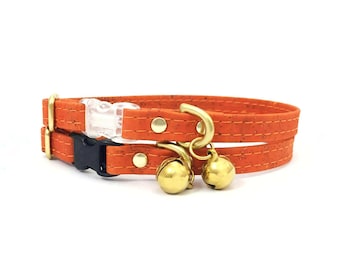 Orange Cork Cat Collar With Bell & Breakaway Safety Buckle | Sustainable Vegan Leather | Brass and Silver