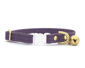 Purple Cat Collar in Vegan Cork Leather With Breakaway Safety Buckle & Luxury Brass Bell, Unique Cat Collar, Eco Friendly Cat Collar UK