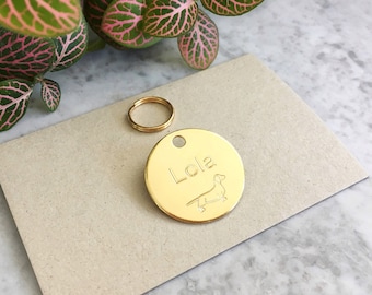 Dachshund ID Tag in Luxury Solid Brass With Personalised Engraving, Dachshund Gift, Mini Dachshund Tag, Cute Sausage Dog Design Tag UK