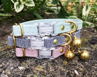 Breakaway Cat Collar & Bell | Vegan Cork Leather or Organic Cotton | Luxury Brass Hardware | Mint Green, Blue or Pink